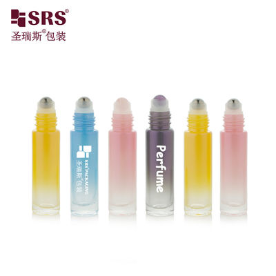 BLPM-10ml 円筒形ラウンドグラデーションピンクカラーモールドガラスローラーボトル、パーソナルケア用、着色プラスチックキャップ付き